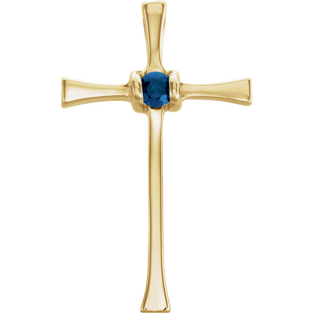 14k yellow gold blue sapphire Western cross pendant with a hidden bail.