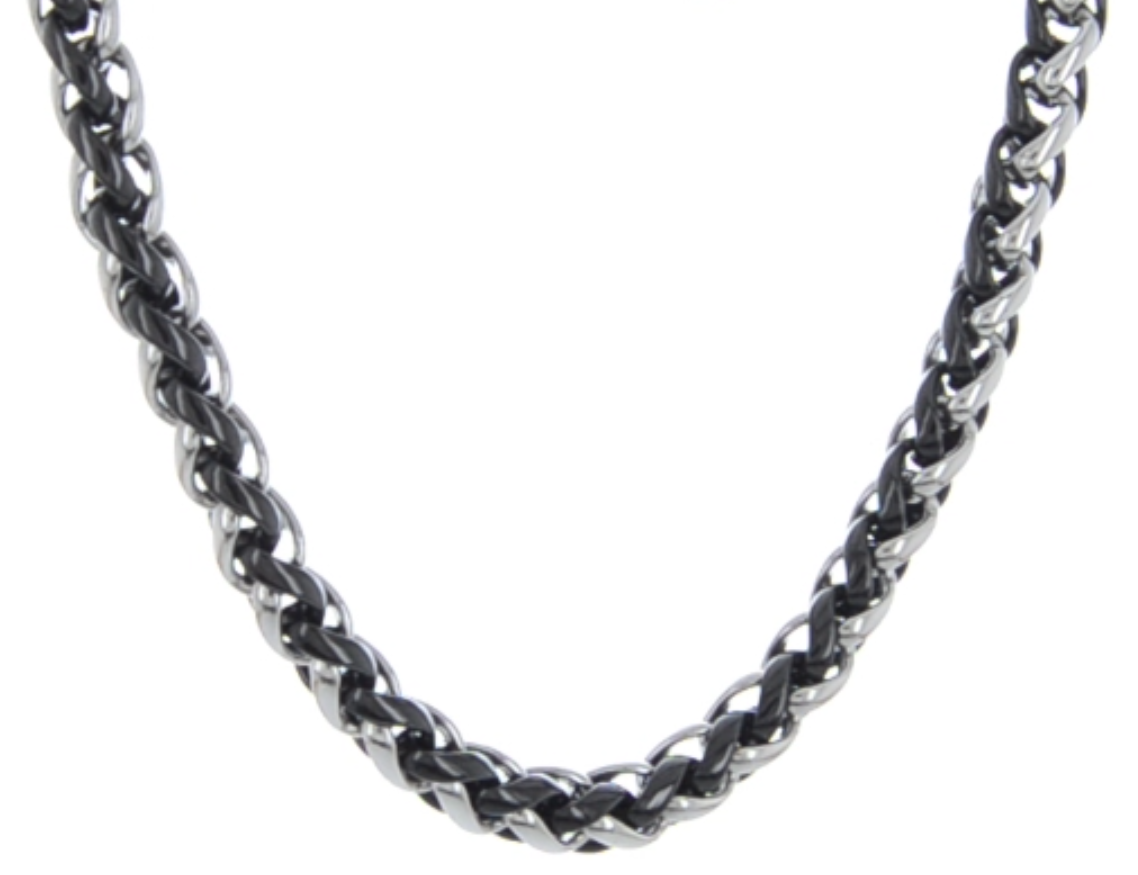 2-tone stainless steel and black IP 7mm Spiga wheat chain necklace is 24 inches long.