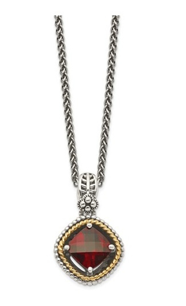 Antiqued Sterling Silver, 14k Yellow Gold 2.25 Ct. Checkerboard Cushion Garnet Pendant Necklace, 18