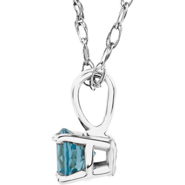 Imitation Blue Zircon December pendant necklace on a 14 inch rope chain.