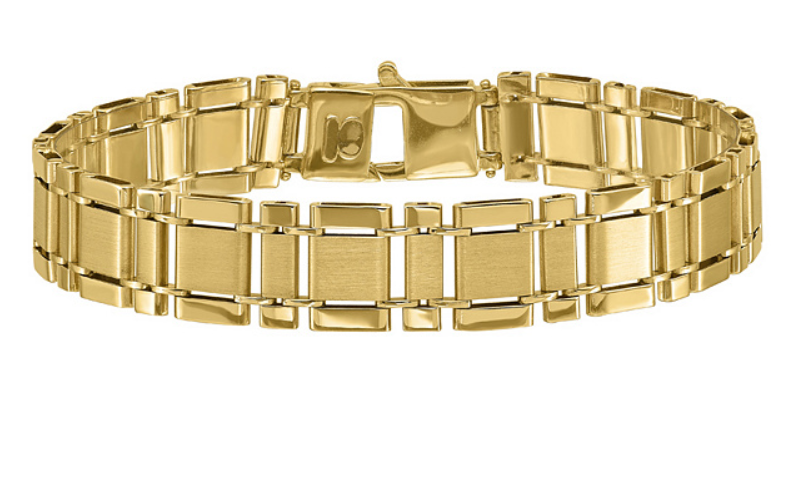 Men's matte and polished Italian 14k yellow gold stampato link bracelet offered in 8 and 8.5 inch lengths.