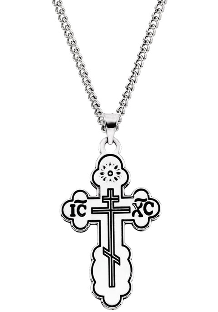 Sterling silver Orthodox cross pendant with a black inlay cross and starburst at the top of the cross representing the sun burst of Jesus Christ suspended from an 18 inch flat curb chain.