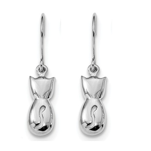 Rhodium-Plated Sterling Silver Sitting Cat Dangle Earrings