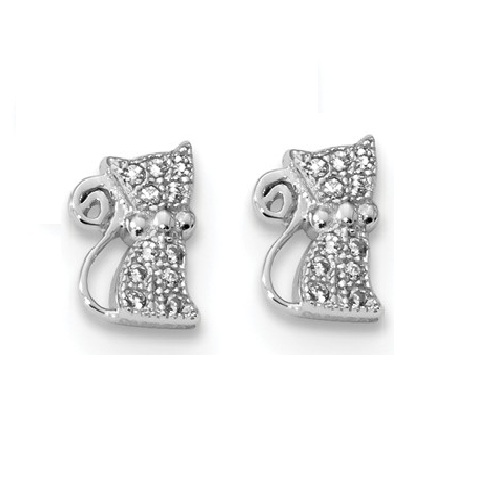 CZ Sitting Cat Post Earrings, Rhodium-Plated Sterling Silver