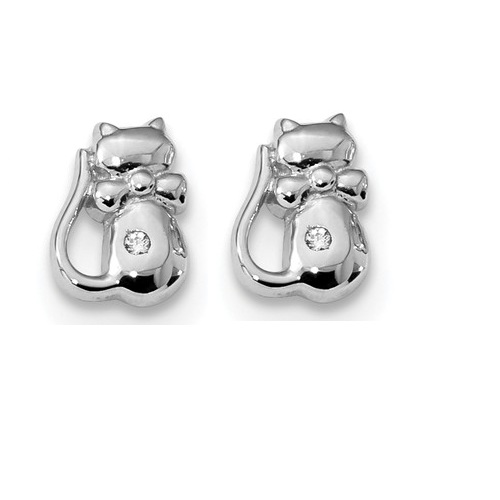 CZ Cat Post Earrings,Rhodium-Plated Sterling Silver 