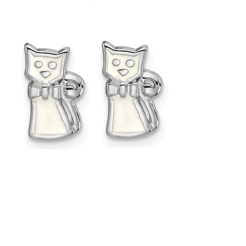 Rhodium-Plated Sterling Silver Enameled White Cat Post Earrings