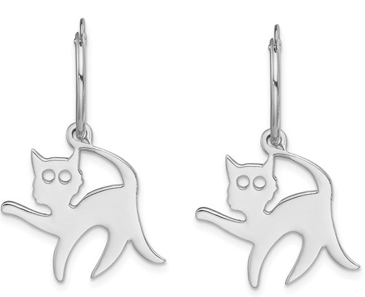 Rhodium-Plated Sterling Silver Standing Cat Hoop Earrings