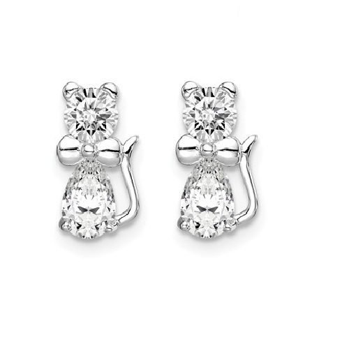 CZ Cat With Bow Tie Post Earrings, Rhodium-Plated Sterling Silver 