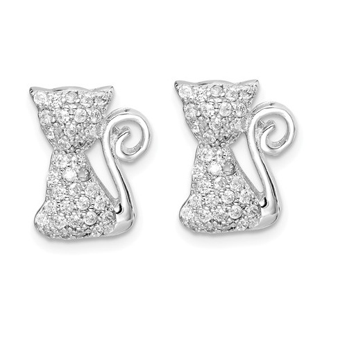 CZ Sitting Kitty with Curved Tail Post Earrings, Rhodium-Plated Sterling Silver