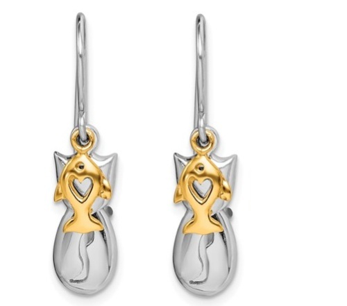 Rhodium-Plated Sterling Silver Cat and Gold-Plated Fish Dangle Earrings