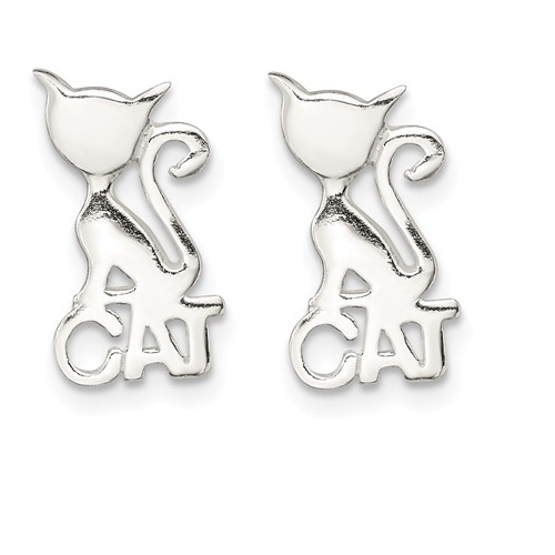 Sterling Silver Kitty Sitting on 'CAT' Text Post Earrings