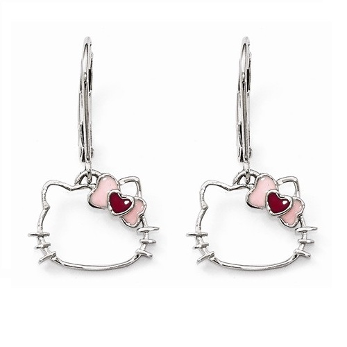 Sterling Silver Hello Kitty Silhouette Enamel Heart/Bow Leverback Earrings