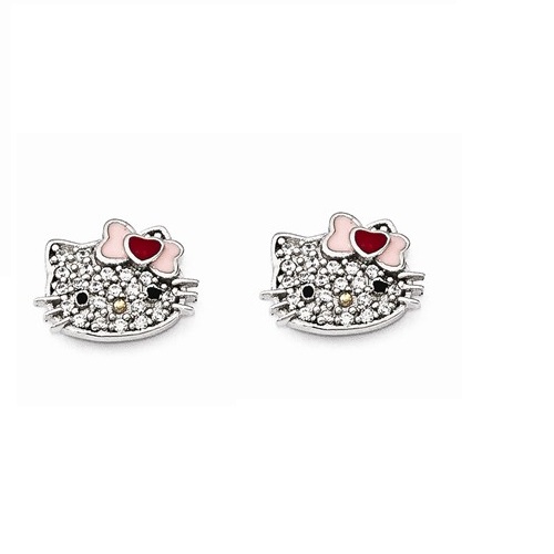 Sterling Silver Hello Kitty Swarovski Gold-Tone Pavé Enamel Post Earrings