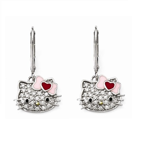 Girl's 'Hello Kitty' Swarovski Pave Crystal Kitten Face Leverback Earrings, Sterling Silver