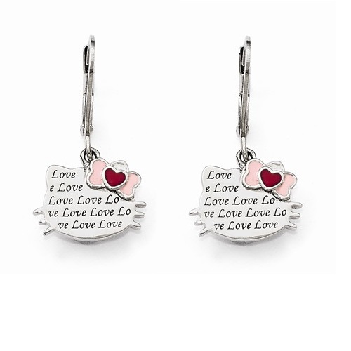 Sterling Silver Hello Kitty Engraved Love Enameled Leverback Earrings