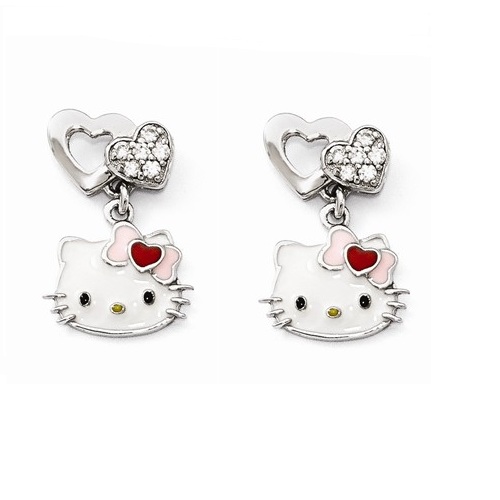 Sterling Silver Hello Kitty Swarovski Enamel Dbl Heart Dangle Earrings