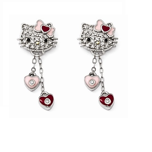 Sterling Silver Hello Kitty Swarovski With Dangle Heart Enamel Post Earrings