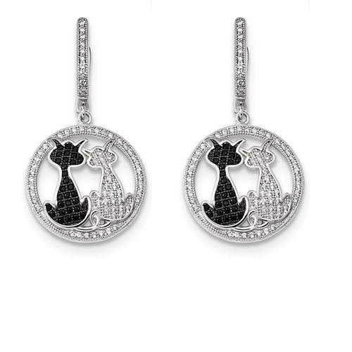 CZ Brilliant Embers Cat Dangle Earrings, Rhodium-Plated Sterling Silver 