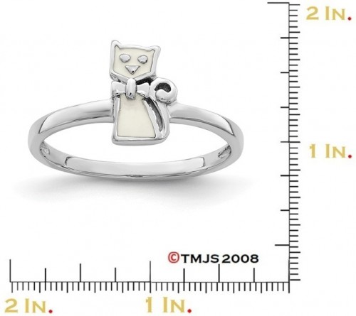 Child's Rhodium-Plated Sterling Silver Enameled White Cat Ring