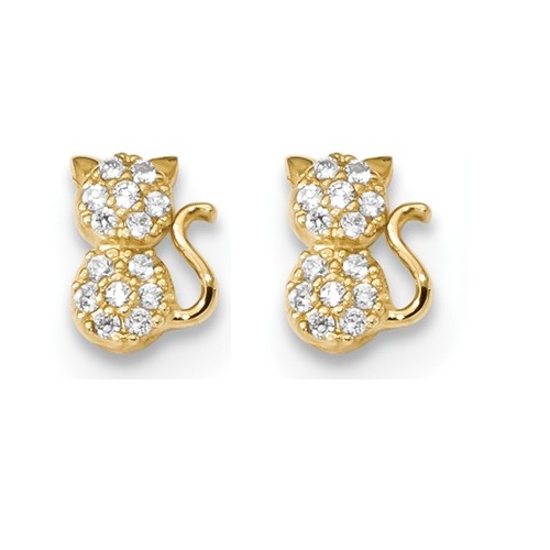 14k Yellow Gold CZ Sitting Cat Screwback Post Earrings