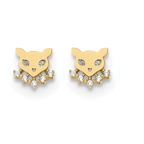 14k Yellow Gold Cat Face with CZ Collar Post Earrings