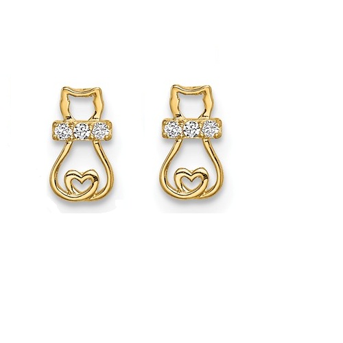 14k Yellow Gold Madi K CZ Cat With Heart Tail Post Earrings