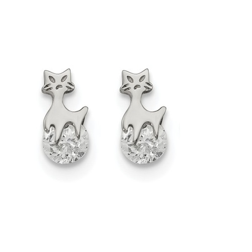 CZ Pussy Cat Post Earrings, Stainless Steel Polished 