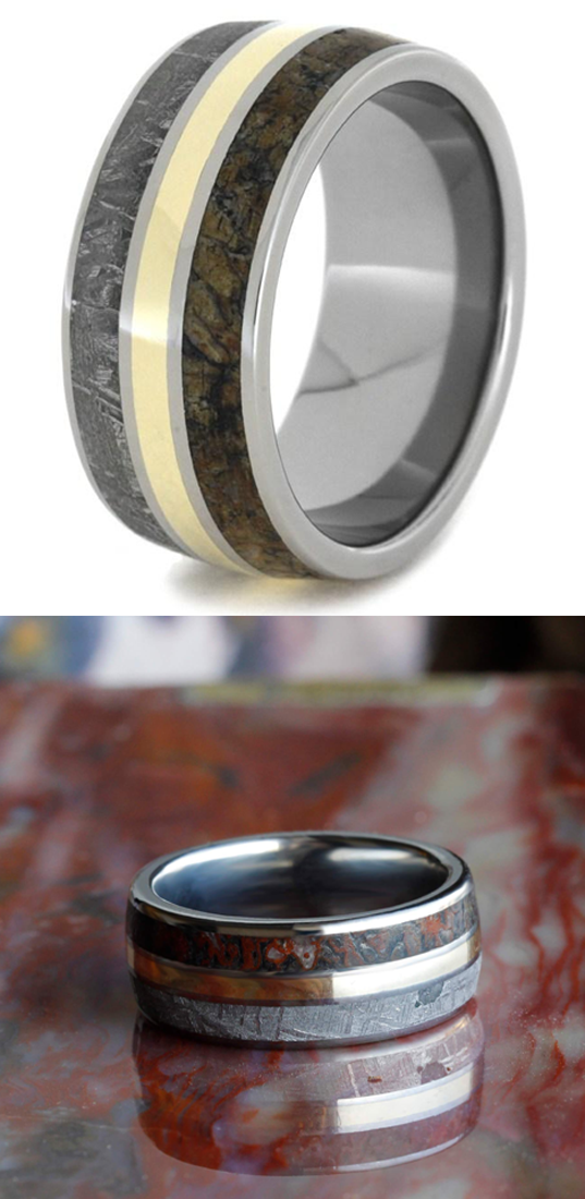 Hand made Dinosaur Bone, Gibeon Meteorite overlaid on an 11.00 millimeter, comfort-fit, dome titanium band. 